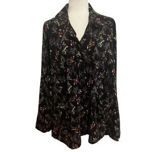 Comfy Black Floral Button Front Blouse Top Size M Made in USA Boho Cottagecore